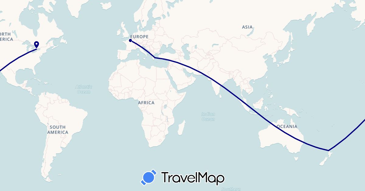 TravelMap itinerary: driving in Canada, France, Greece, New Zealand (Europe, North America, Oceania)